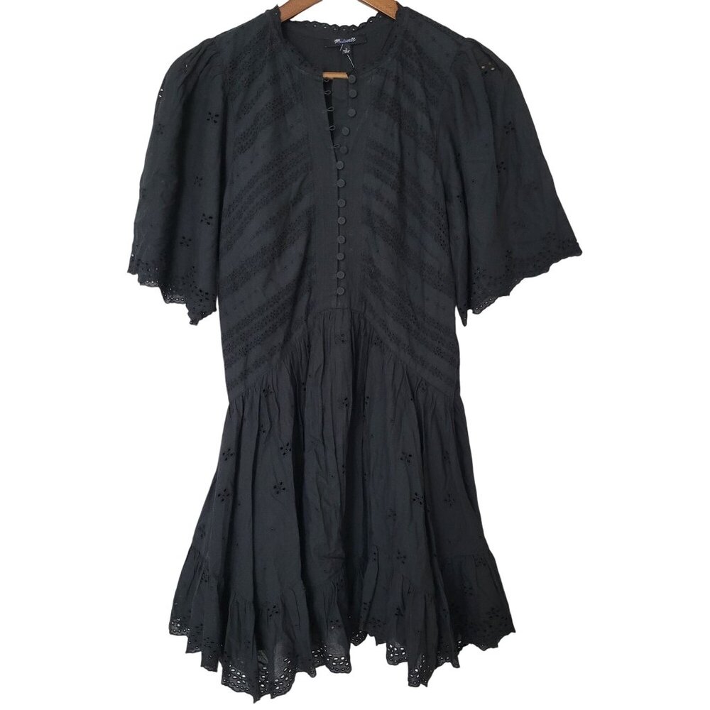 Madewell Eyelet Flutter Sleeve Mini Dress In Cotton Womens Size 0 Jet Black NWT - Picture 1 of 7
